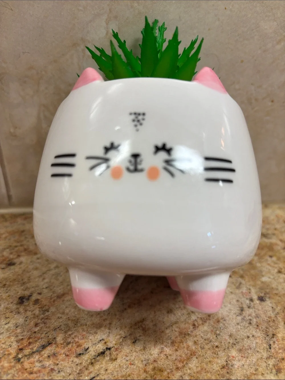 Cute Cat Ceramic Planter with Faux Succulent - White & Green with Pink Accents